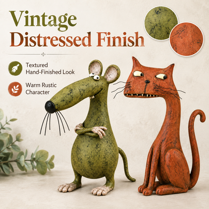 🐾 Whimsical Animal Figurine – Vintage Distressed Resin Cat & Mouse Decor ✨