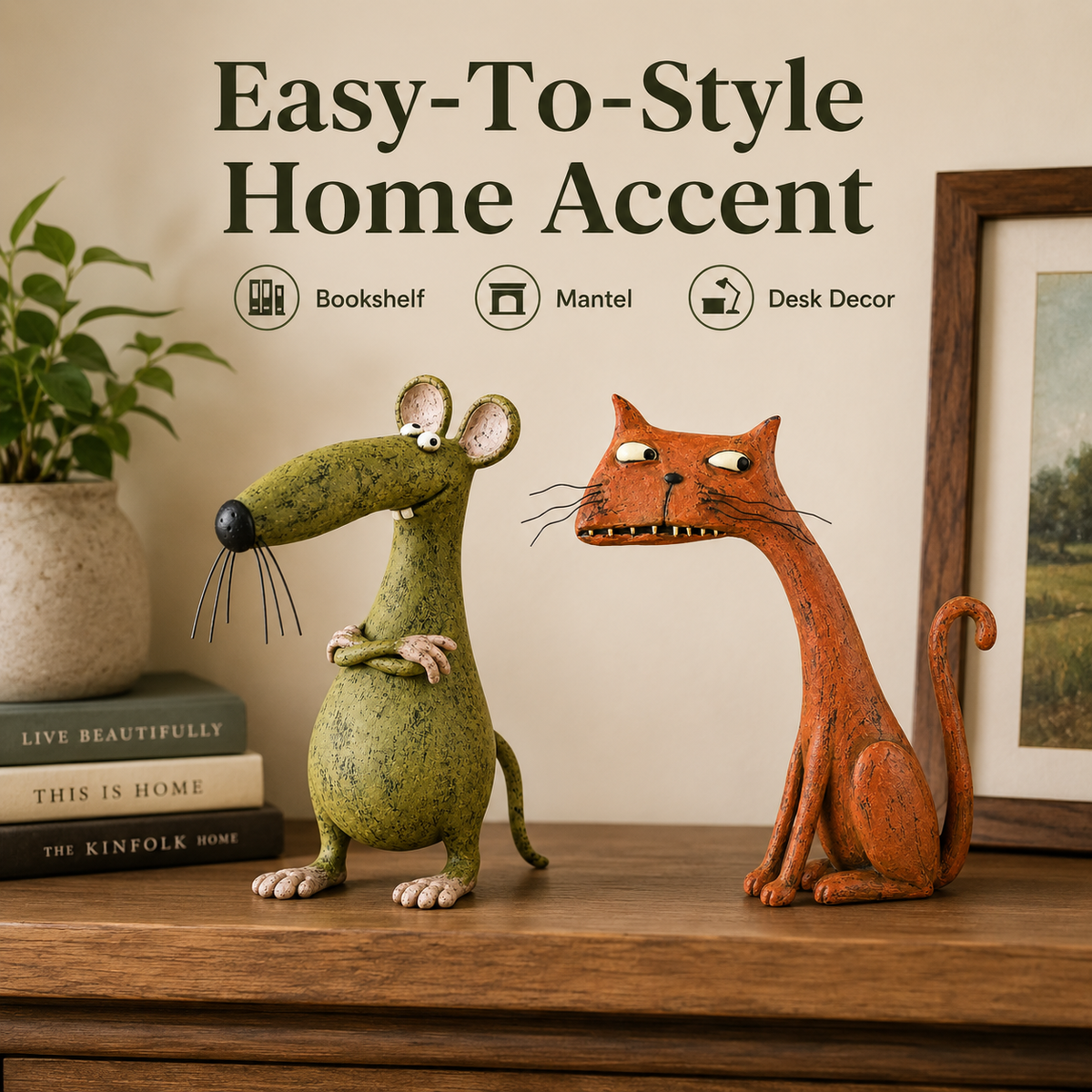 🐾 Whimsical Animal Figurine – Vintage Distressed Resin Cat & Mouse Decor ✨