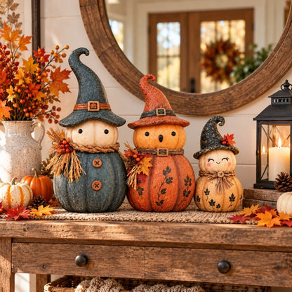 🎃 Vintage Pumpkin Witch Figurine Collection – Cozy Rustic Fall Tabletop Decor 🍂