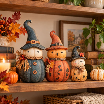 🎃 Vintage Pumpkin Witch Figurine Collection – Cozy Rustic Fall Tabletop Decor 🍂