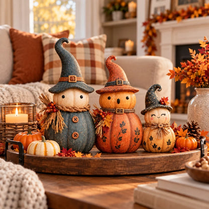 🎃 Vintage Pumpkin Witch Figurine Collection – Cozy Rustic Fall Tabletop Decor 🍂