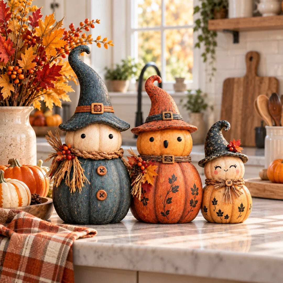 🎃 Vintage Pumpkin Witch Figurine Collection – Cozy Rustic Fall Tabletop Decor 🍂