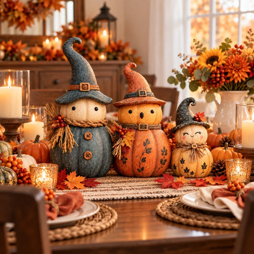 🎃 Vintage Pumpkin Witch Figurine Collection – Cozy Rustic Fall Tabletop Decor 🍂