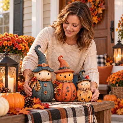 🎃 Vintage Pumpkin Witch Figurine Collection – Cozy Rustic Fall Tabletop Decor 🍂