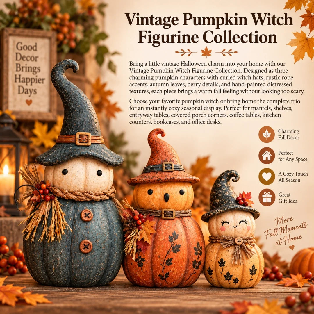 🎃 Vintage Pumpkin Witch Figurine Collection – Cozy Rustic Fall Tabletop Decor 🍂