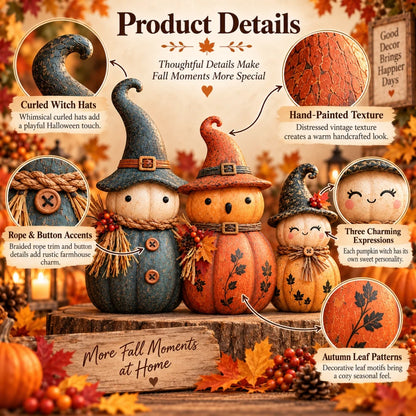 🎃 Vintage Pumpkin Witch Figurine Collection – Cozy Rustic Fall Tabletop Decor 🍂