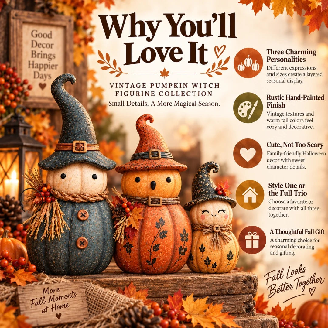 🎃 Vintage Pumpkin Witch Figurine Collection – Cozy Rustic Fall Tabletop Decor 🍂