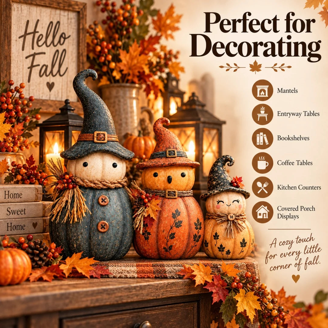 🎃 Vintage Pumpkin Witch Figurine Collection – Cozy Rustic Fall Tabletop Decor 🍂