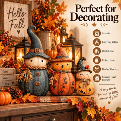 🎃 Vintage Pumpkin Witch Figurine Collection – Cozy Rustic Fall Tabletop Decor 🍂