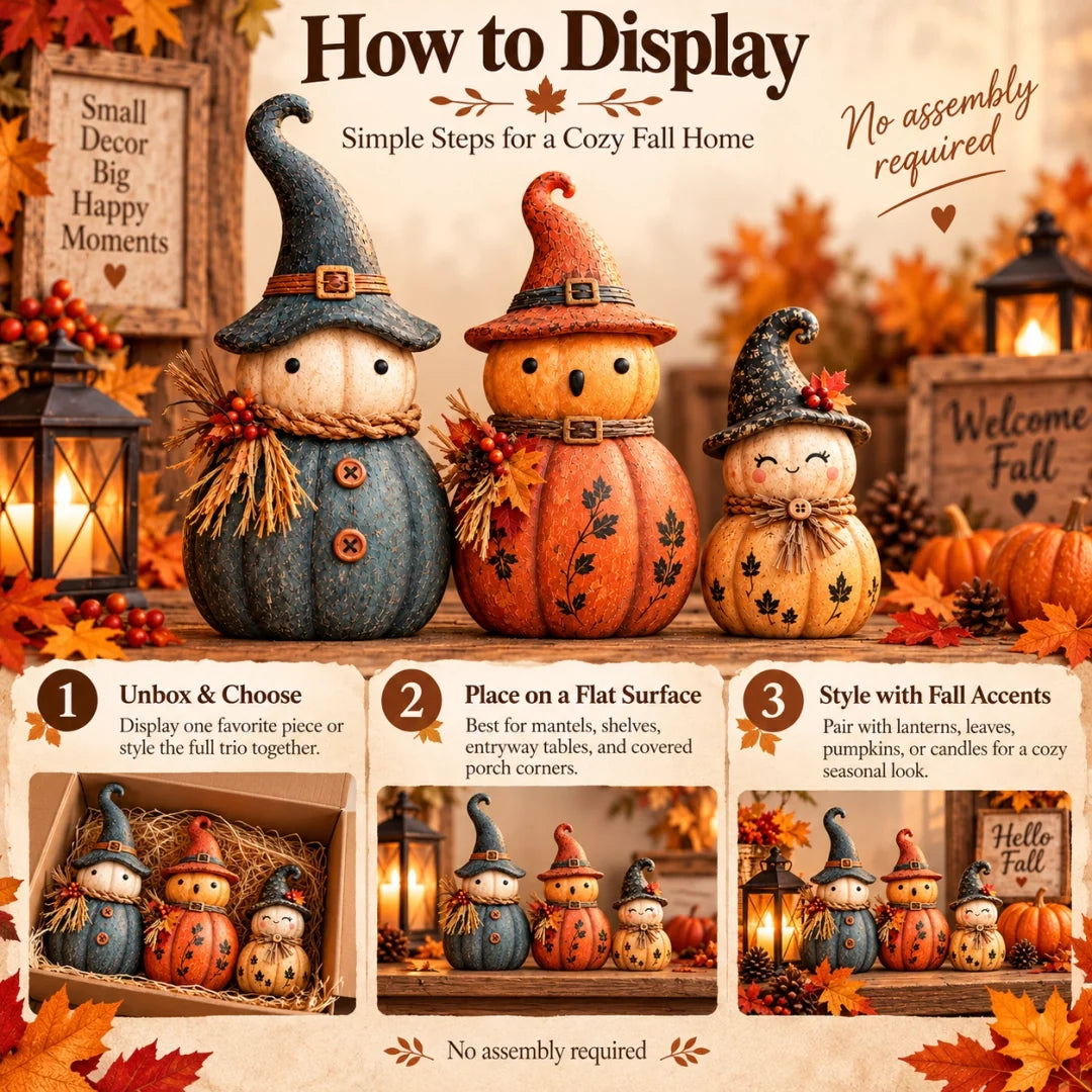 🎃 Vintage Pumpkin Witch Figurine Collection – Cozy Rustic Fall Tabletop Decor 🍂