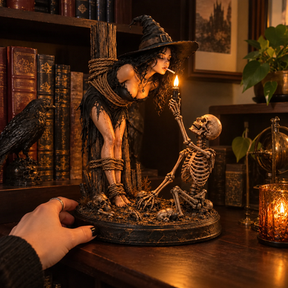 Witch & Skeleton Candle Scene Figurine – Dark Gothic Halloween Tabletop Decor