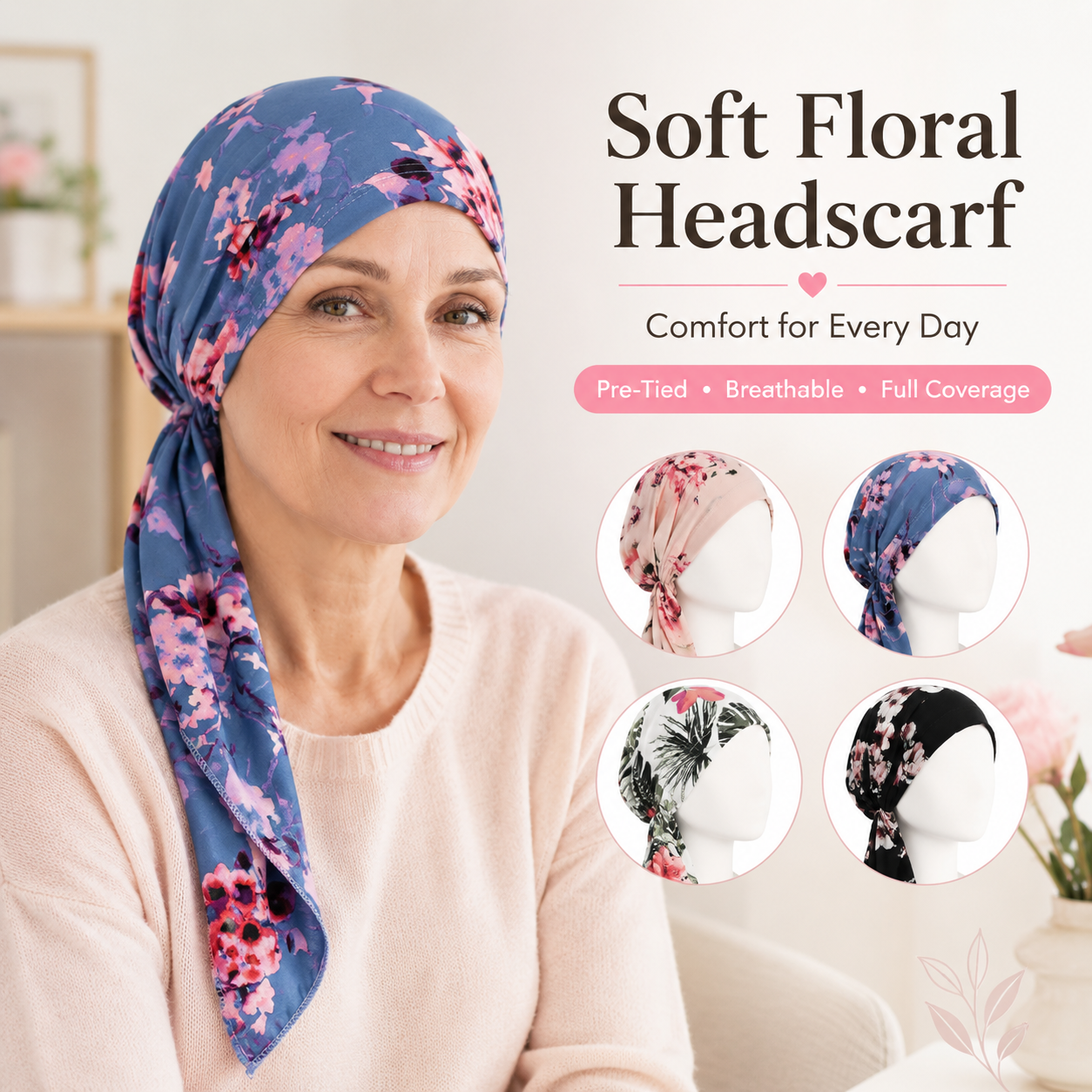 ✨ Women's Floral Print Pre-Tied Head Scarf Turban – Soft, Elastic, Versatile 🌸