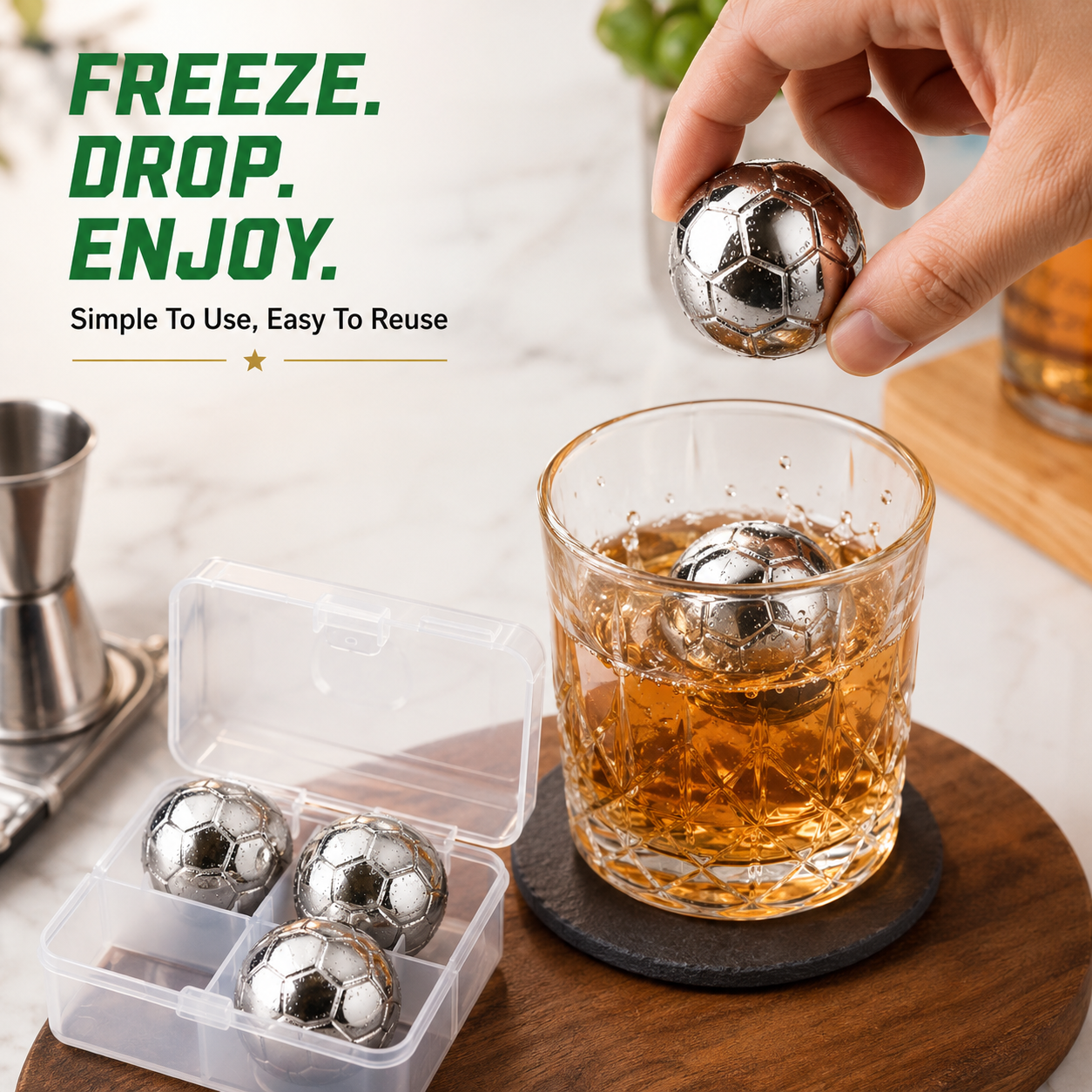 ⚽ World Cup Sale 55% OFF – Soccer Whiskey Ice Balls Set, Reusable Stainless Steel Drink Chilling Stones