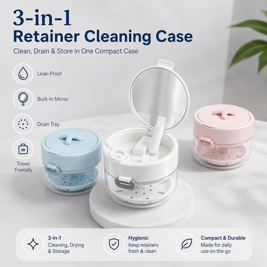 ⏰【50% OFF ENDS TODAY】3-in-1 Retainer Cleaning Case with Mirror & Drain Tray for Aligners, Dentures & Mouth Guards 🧼