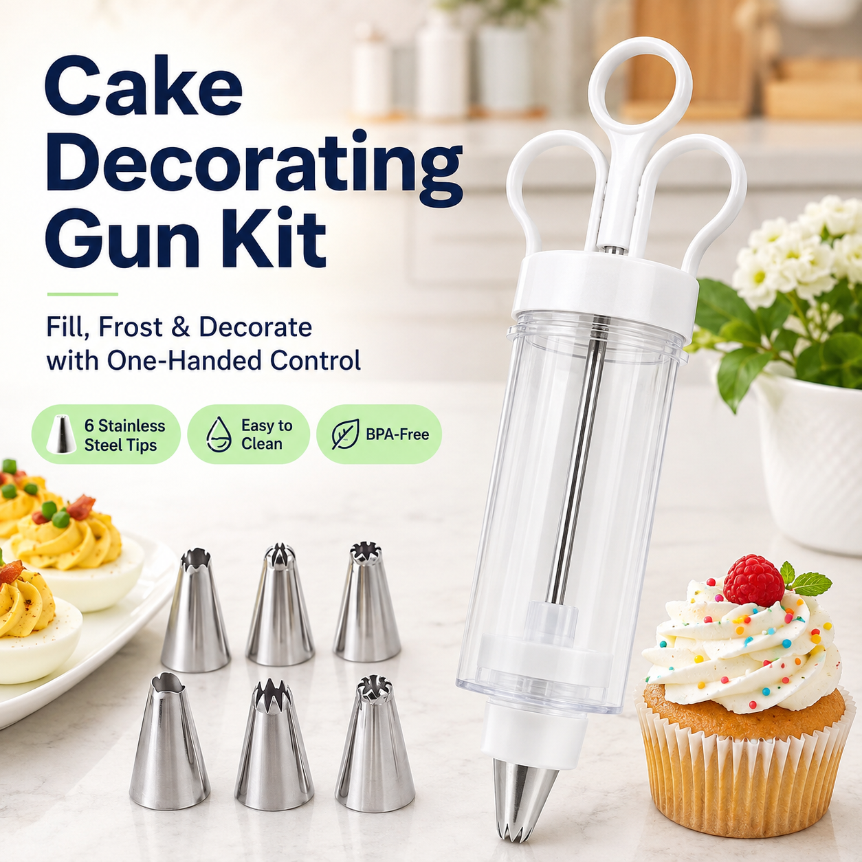 🧁 Dessert & Cupcake Decorating Gun Kit – 6 Stainless Steel Piping Tips ✨
