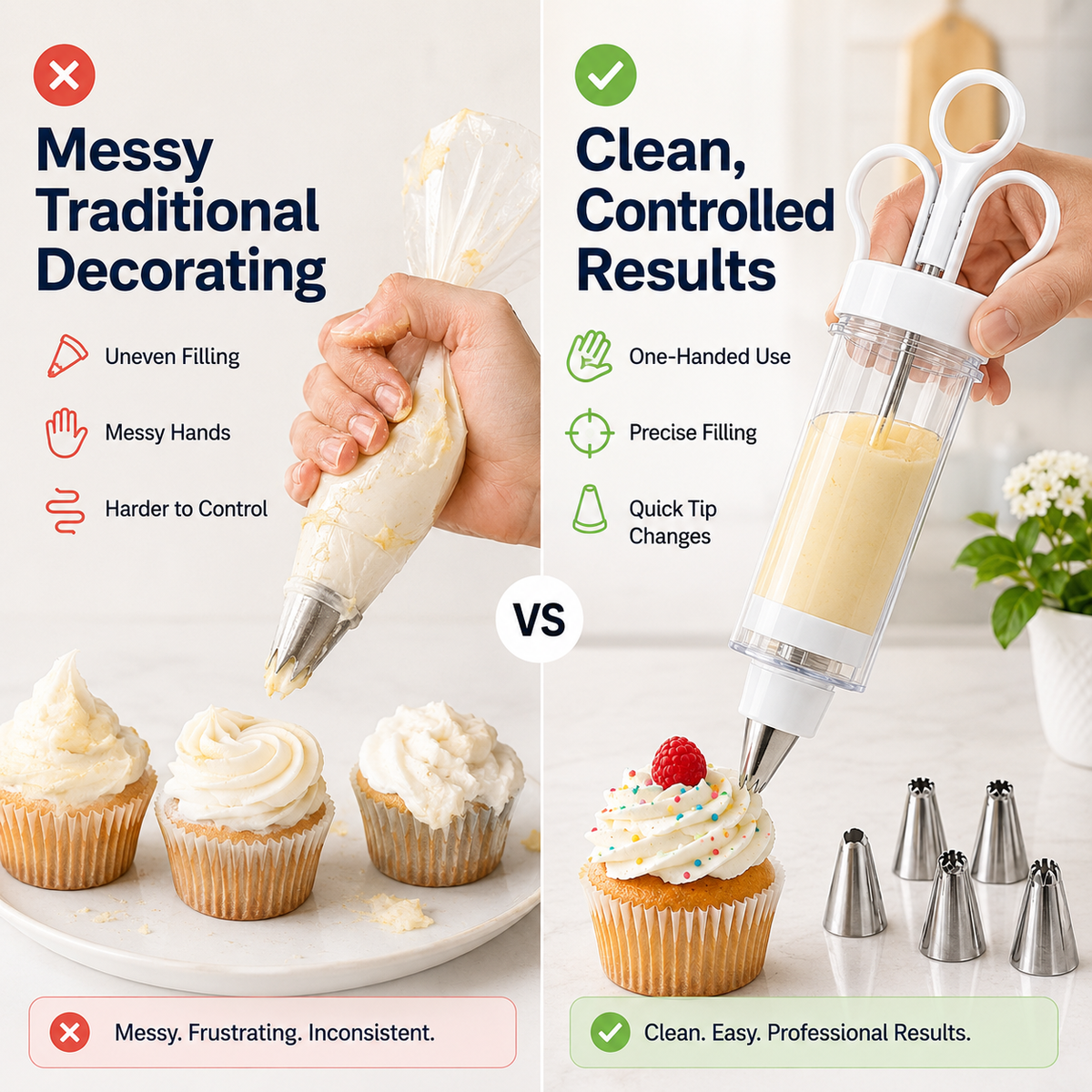 🧁 Dessert & Cupcake Decorating Gun Kit – 6 Stainless Steel Piping Tips ✨
