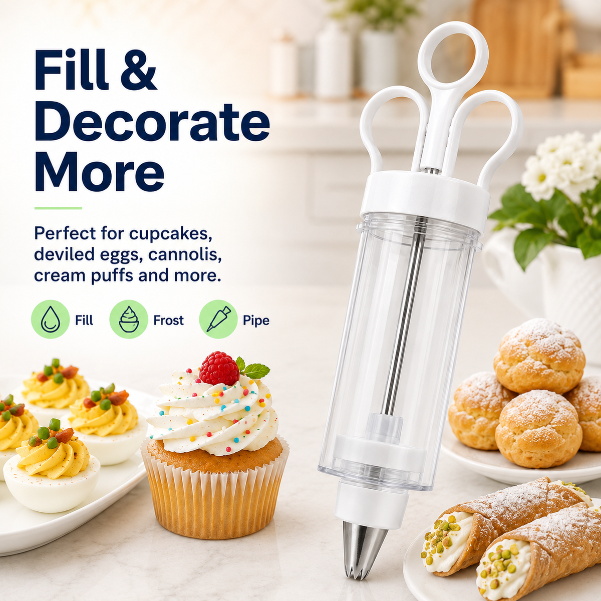 🧁 Dessert & Cupcake Decorating Gun Kit – 6 Stainless Steel Piping Tips ✨