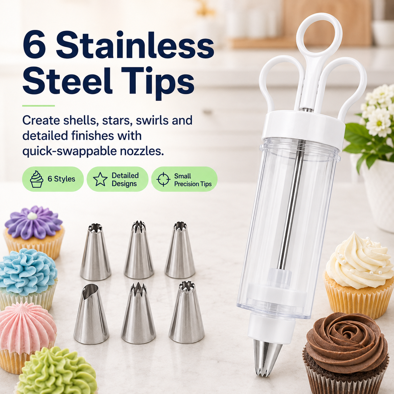 🧁 Dessert & Cupcake Decorating Gun Kit – 6 Stainless Steel Piping Tips ✨