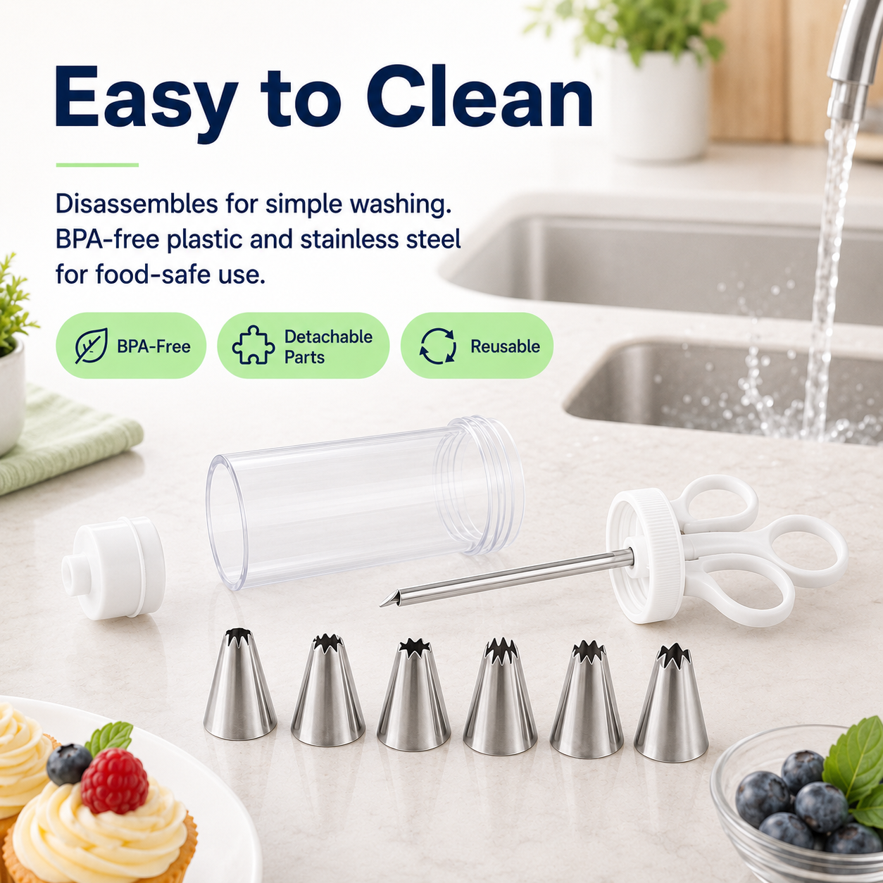 🧁 Dessert & Cupcake Decorating Gun Kit – 6 Stainless Steel Piping Tips ✨