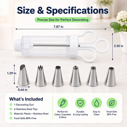 🧁 Dessert & Cupcake Decorating Gun Kit – 6 Stainless Steel Piping Tips ✨
