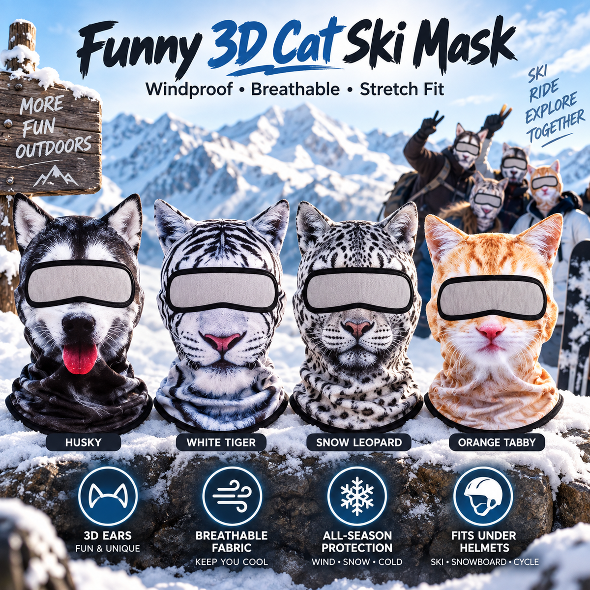 ✨3D Cat Ski Mask with Ears – Funny Windproof Balaclava for Skiing & Festivals