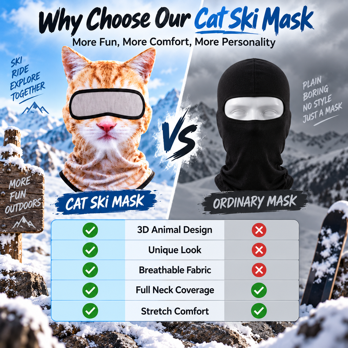 ✨3D Cat Ski Mask with Ears – Funny Windproof Balaclava for Skiing & Festivals