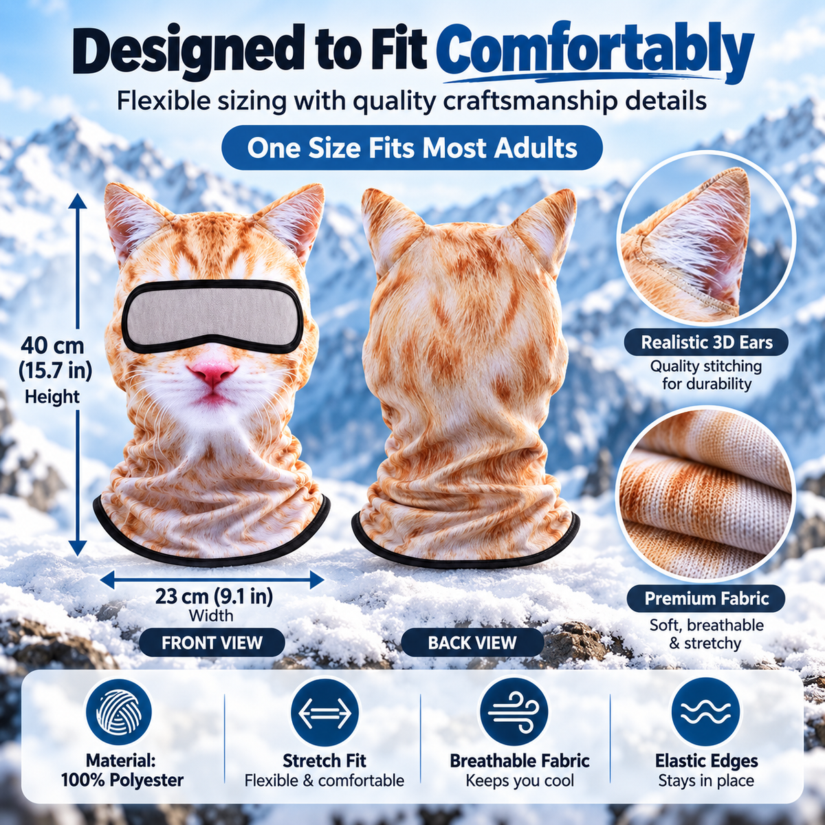✨3D Cat Ski Mask with Ears – Funny Windproof Balaclava for Skiing & Festivals