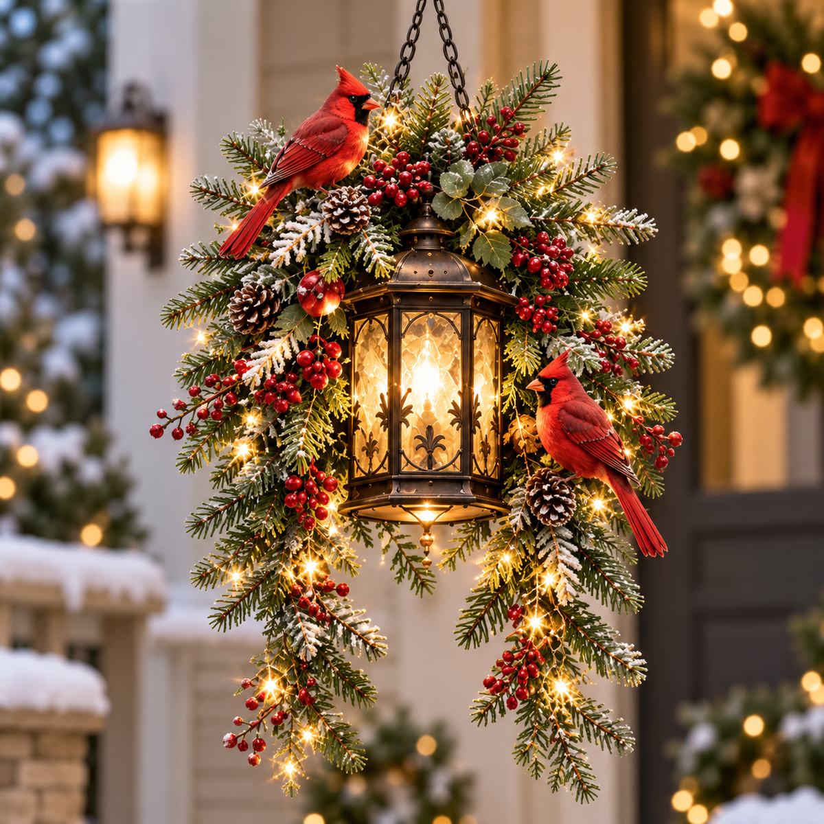 Cardinal Hearth Glow – Pre-Lit Cardinal Lantern & Evergreen Christmas Porch Decor