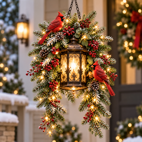 🎄 Pre-Lit Christmas Hanging Lantern – Cardinal & Evergreen Porch Decor, 3 Styles