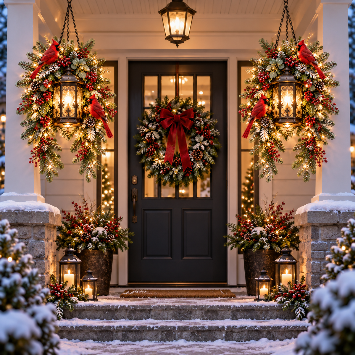 Cardinal Hearth Glow – Pre-Lit Cardinal Lantern & Evergreen Christmas Porch Decor