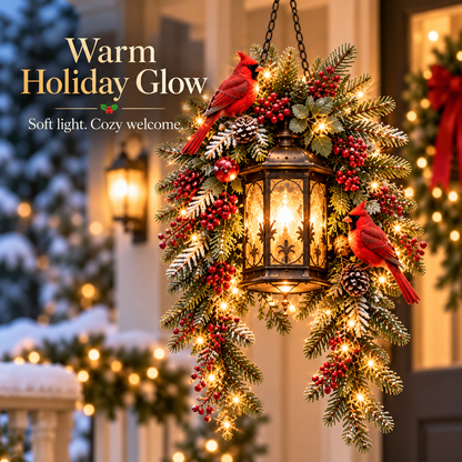 Cardinal Hearth Glow – Pre-Lit Cardinal Lantern & Evergreen Christmas Porch Decor