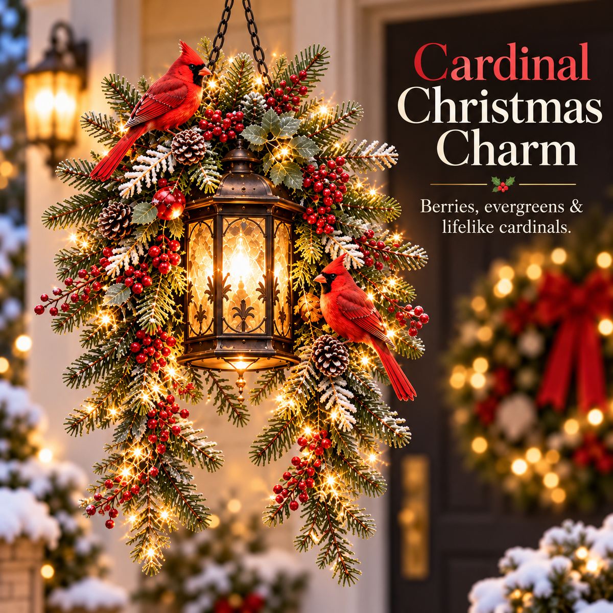 Cardinal Hearth Glow – Pre-Lit Cardinal Lantern & Evergreen Christmas Porch Decor