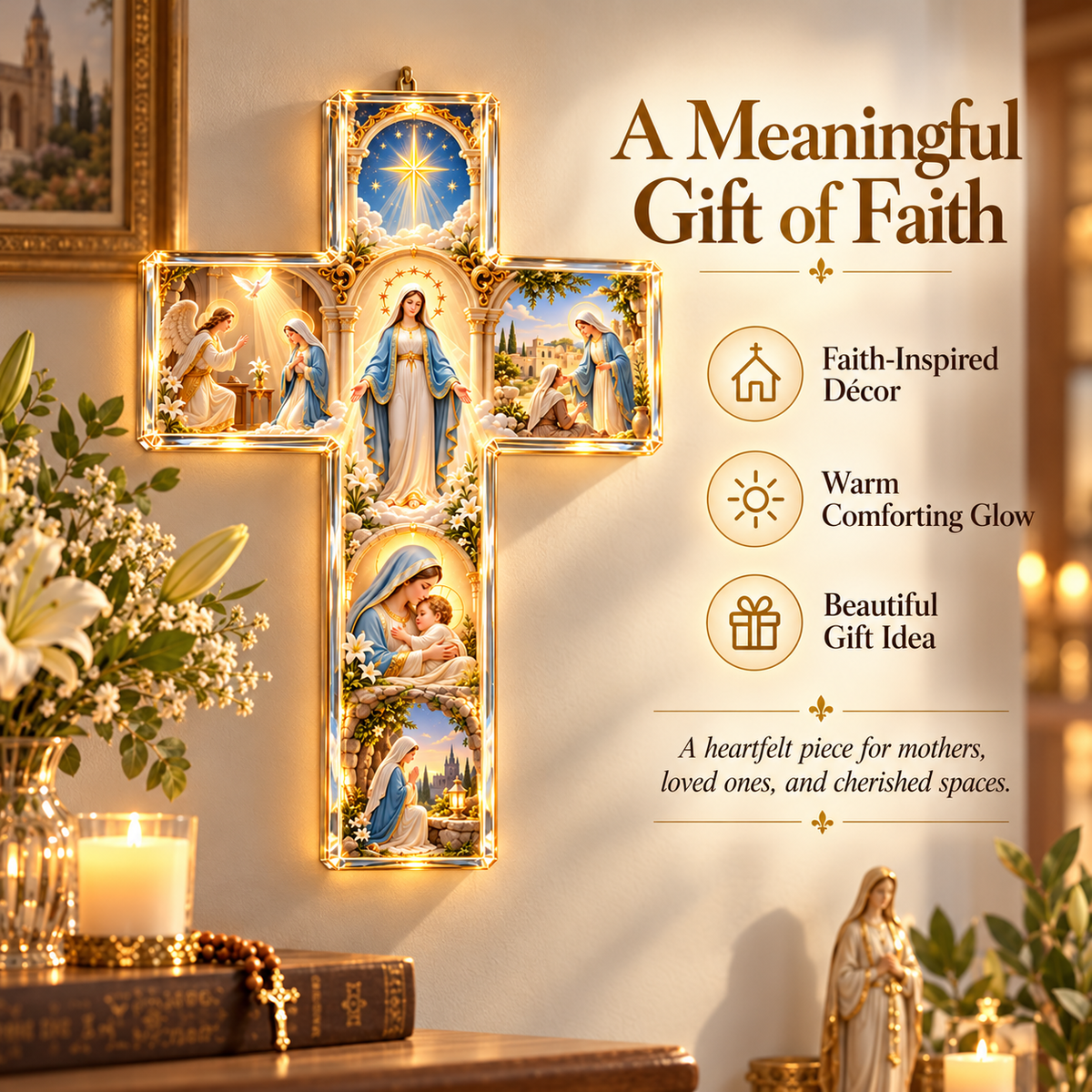 ✝️✨ Mary’s Sacred Journey – Illuminated 6-Scene Cross