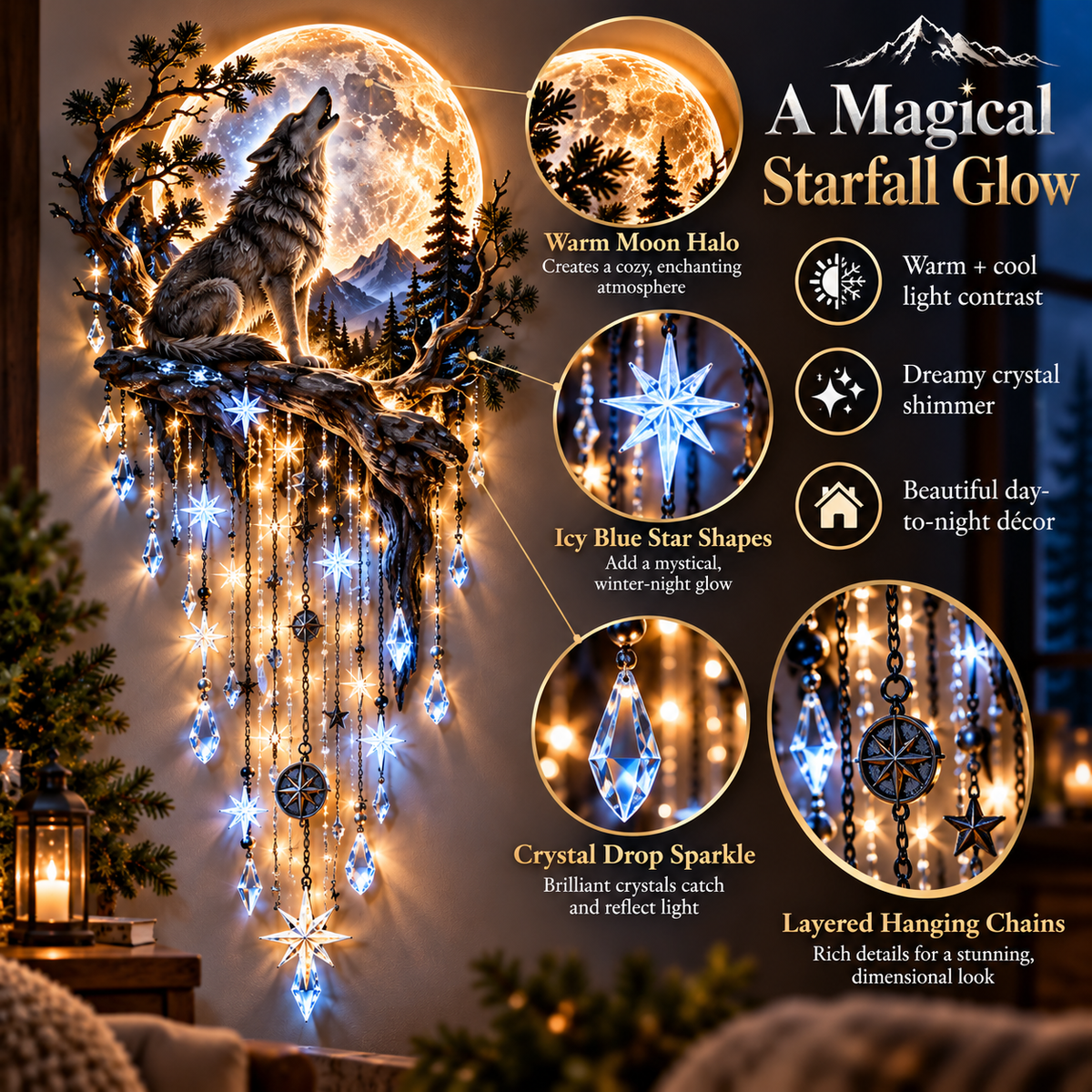⏳ Last Day 50% OFF-🐺🌕 Wolf Howling Moon Starfall Wall Light – Bring the Wild Home