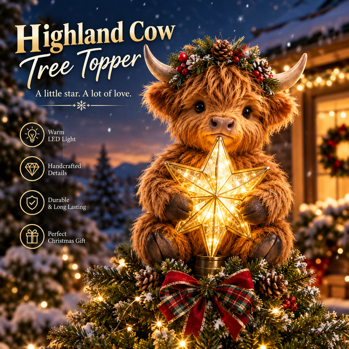 🐮 Baby Highland Cow Glowing Star Christmas Tree Topper – Fluffy Holiday Centerpiece ✨