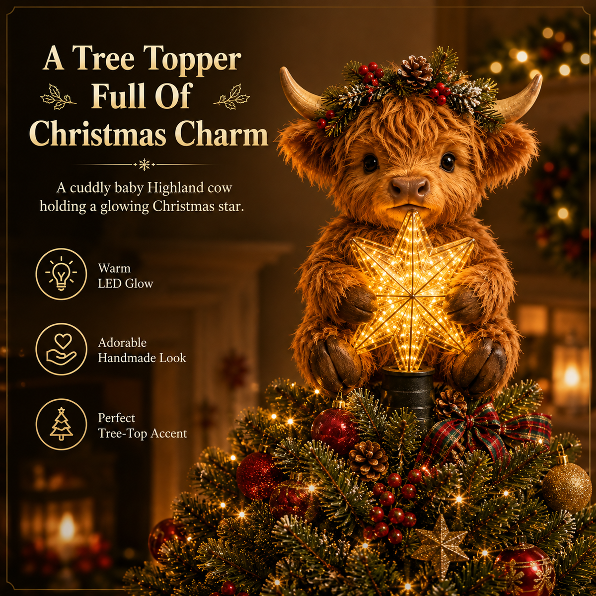 🐮 Baby Highland Cow Glowing Star Christmas Tree Topper – Fluffy Holiday Centerpiece ✨