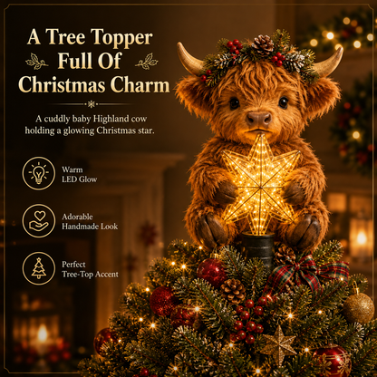 🐮 Baby Highland Cow Glowing Star Christmas Tree Topper – Fluffy Holiday Centerpiece ✨