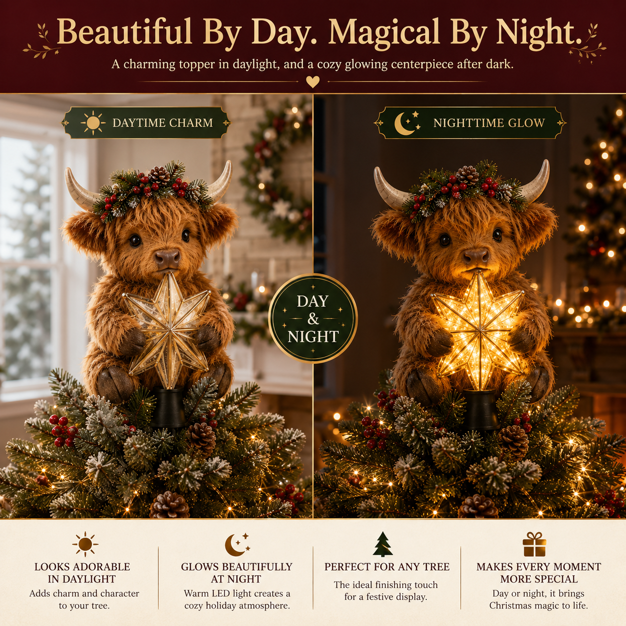 🐮 Baby Highland Cow Glowing Star Christmas Tree Topper – Fluffy Holiday Centerpiece ✨