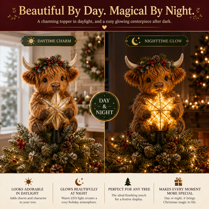 🐮 Baby Highland Cow Glowing Star Christmas Tree Topper – Fluffy Holiday Centerpiece ✨