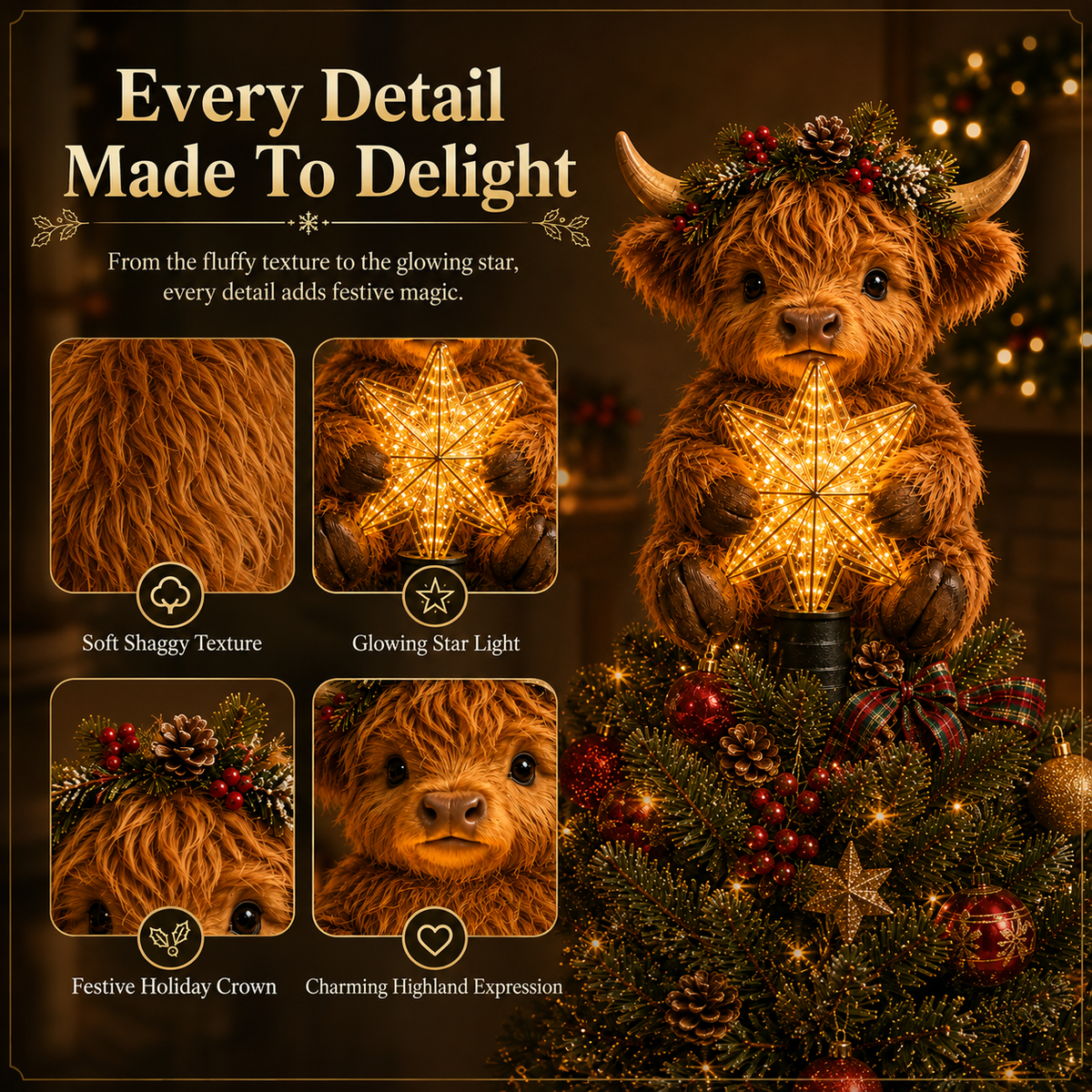 🐮 Baby Highland Cow Glowing Star Christmas Tree Topper – Fluffy Holiday Centerpiece ✨