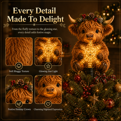 🐮 Baby Highland Cow Glowing Star Christmas Tree Topper – Fluffy Holiday Centerpiece ✨