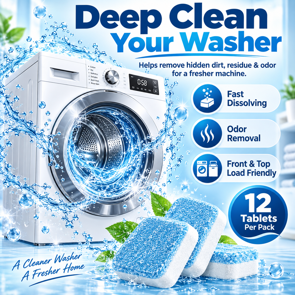 🫧 Washing Machine Cleaner Tablets – 12-Pack Deep Cleaning Tablets