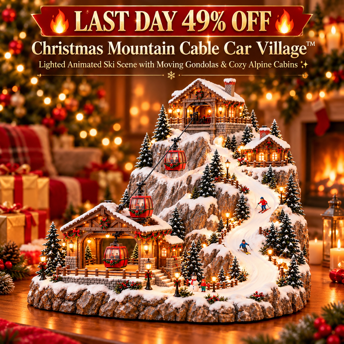 🚡 Animated Christmas Mountain Village – Moving Cable Cars & Skiers 🎄