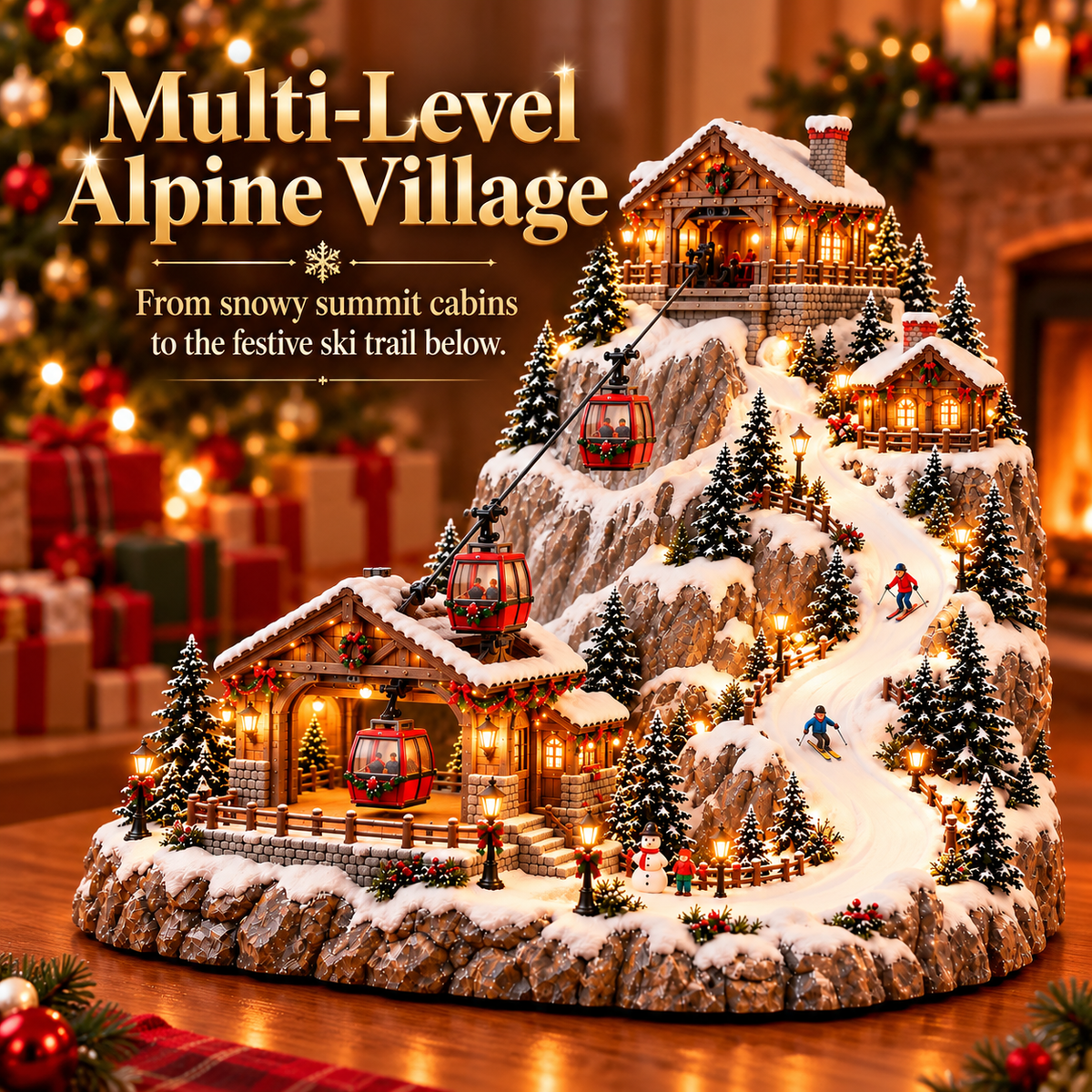 🚡 Animated Christmas Mountain Village – Moving Cable Cars & Skiers 🎄