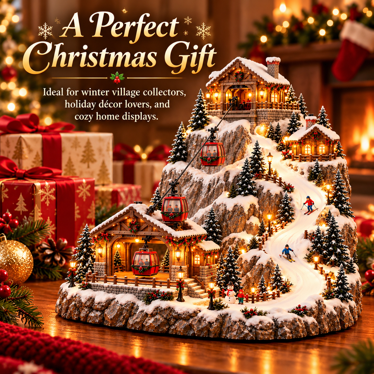 🚡 Animated Christmas Mountain Village – Moving Cable Cars & Skiers 🎄