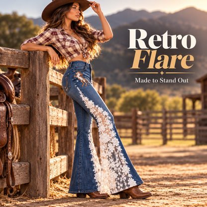 🤠 Western Floral Lace Flare Jeans ✨ Vintage Cowgirl Charm