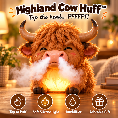 🐮 Highland Cow Huff™💡 – Tap-to-Puff Humidifier & Colorful Night Light