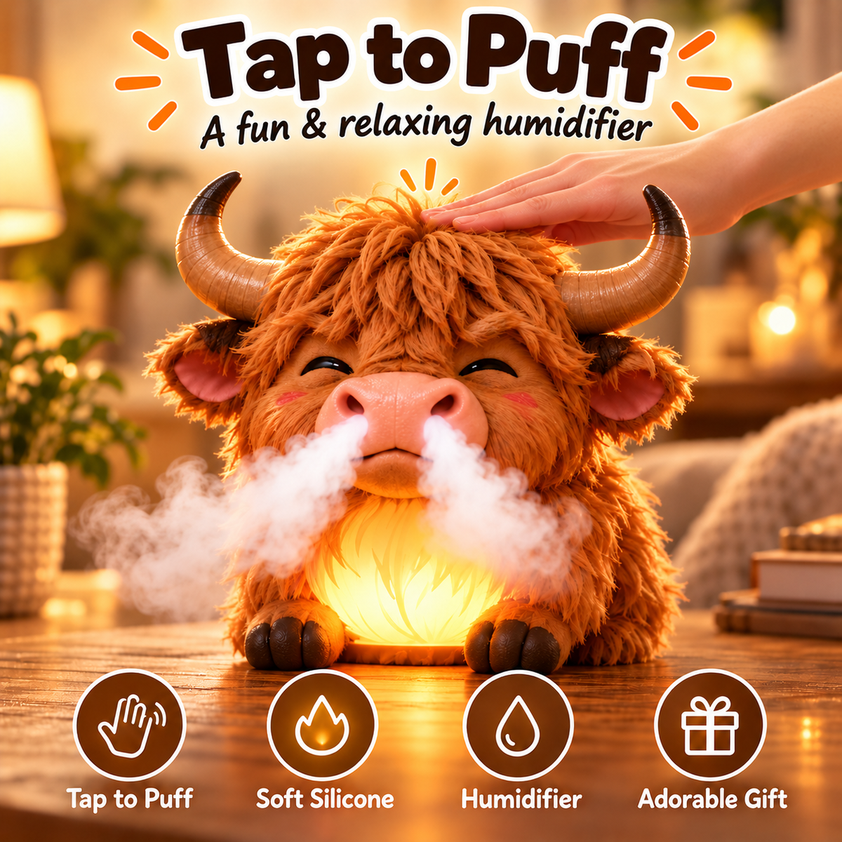🐮 Highland Cow Huff™💡 – Tap-to-Puff Humidifier & Colorful Night Light