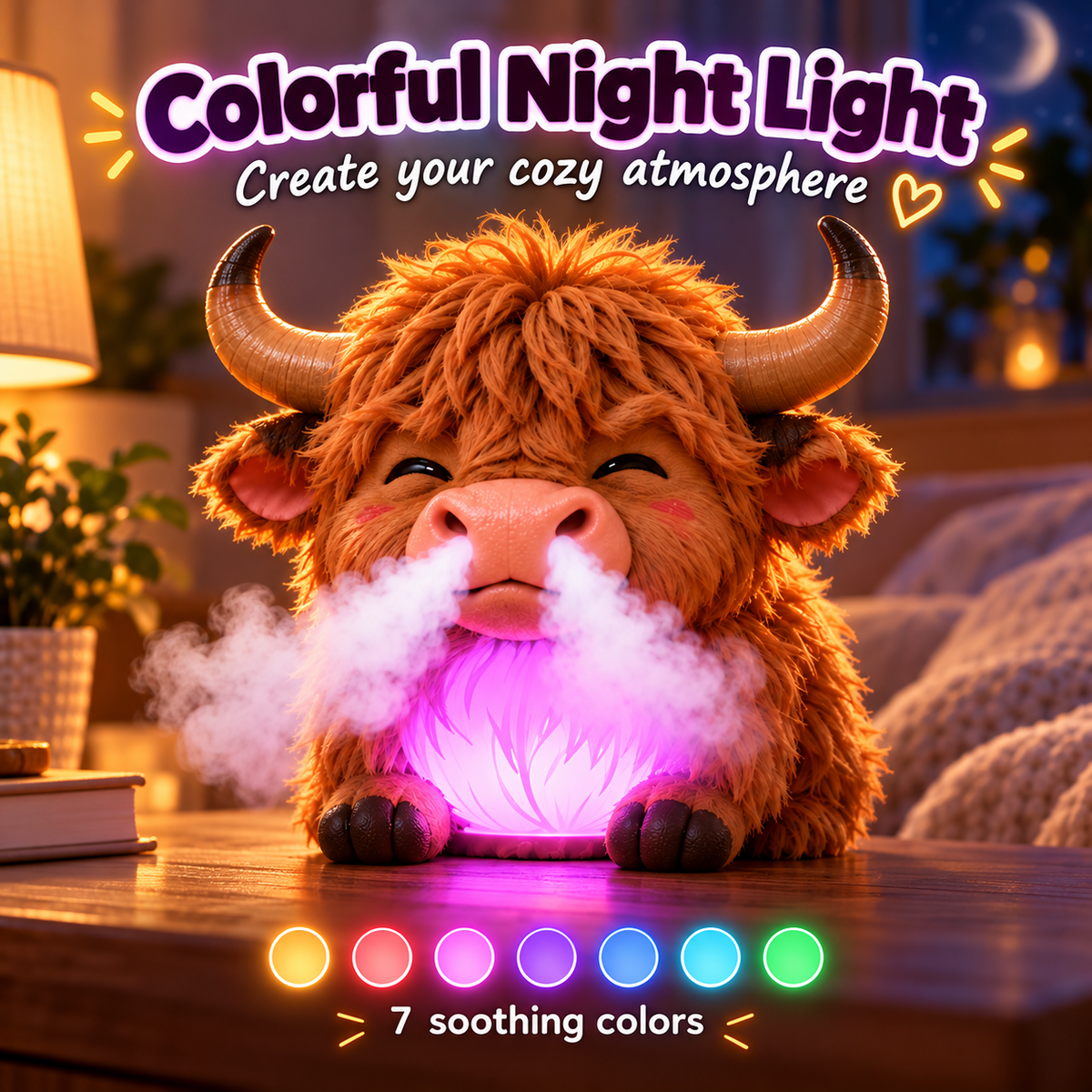 🐮 Highland Cow Huff™💡 – Tap-to-Puff Humidifier & Colorful Night Light