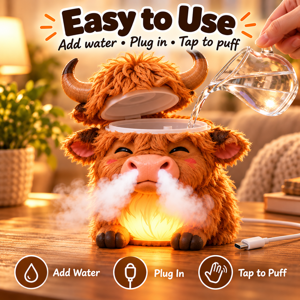 🐮 Highland Cow Huff™💡 – Tap-to-Puff Humidifier & Colorful Night Light